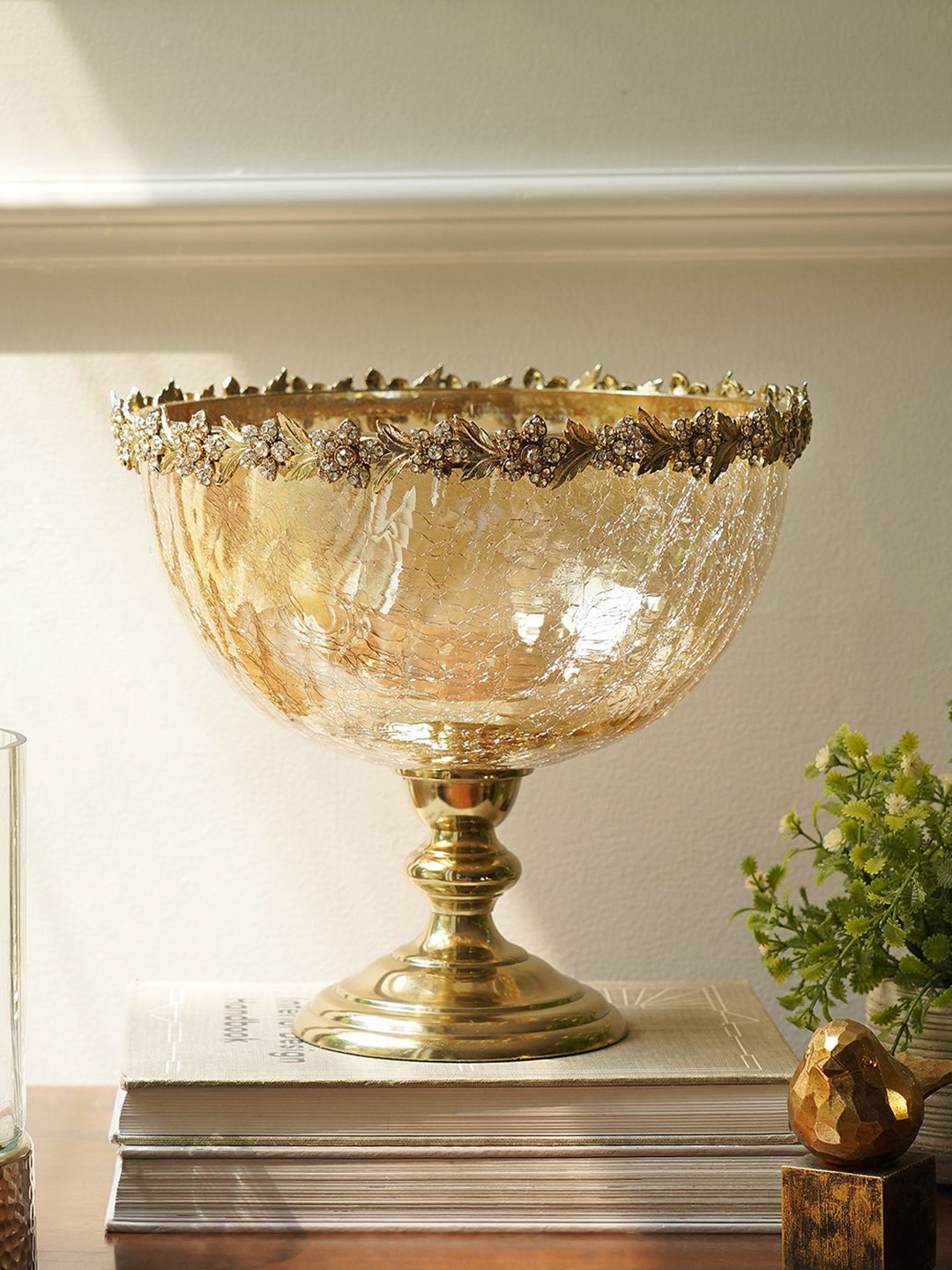 Pure Home and Living Gold Toned Crackled Glass Large Decorative-Bowl With Stand