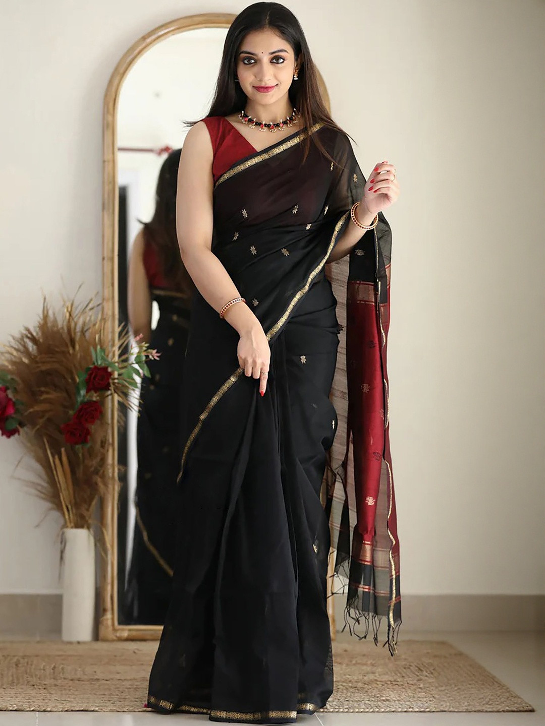 Moda Rapido  Women Black Woven Design Cotton Silk Designer Saree