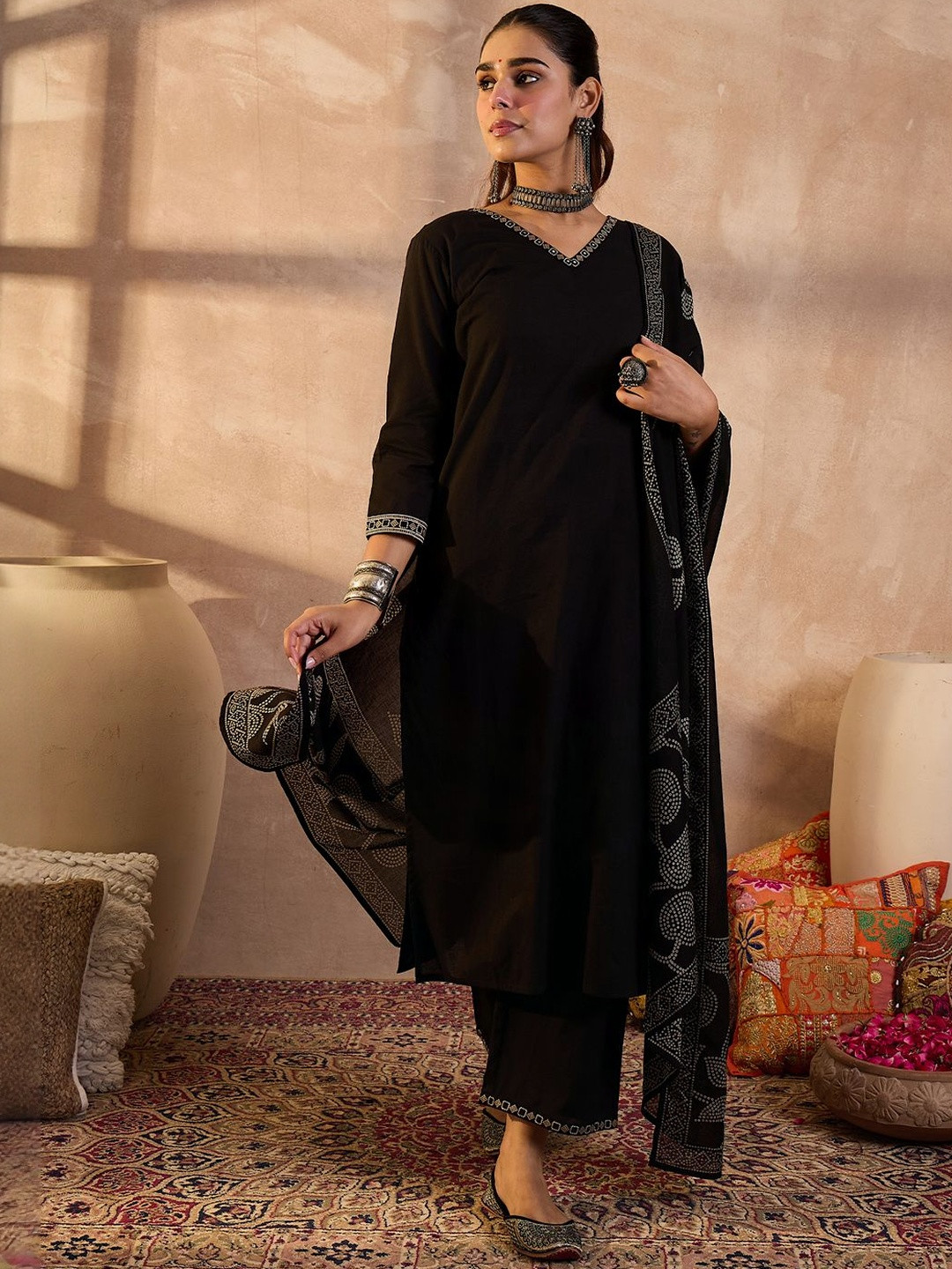 Indo Era Women Solid Cotton Kurta with Trousers & Dupatta