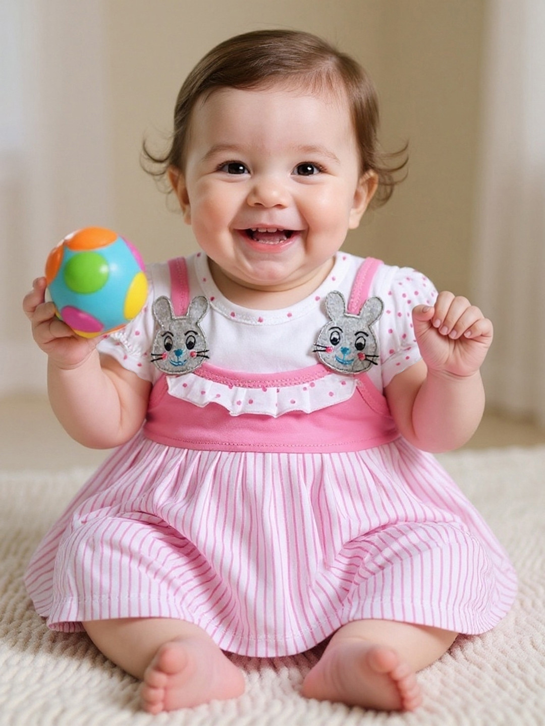 BABYMAX Infant Girls Striped Puff Sleeve Ruffled Pure Cotton Pinafore Dress With Bloomers