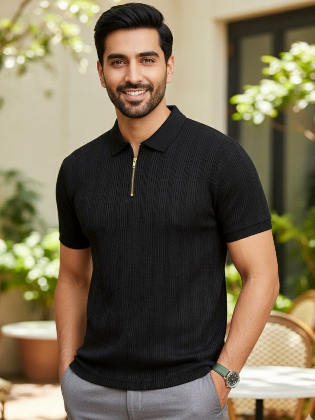 PTVIZE Men Self Design Polo Collar T-shirt