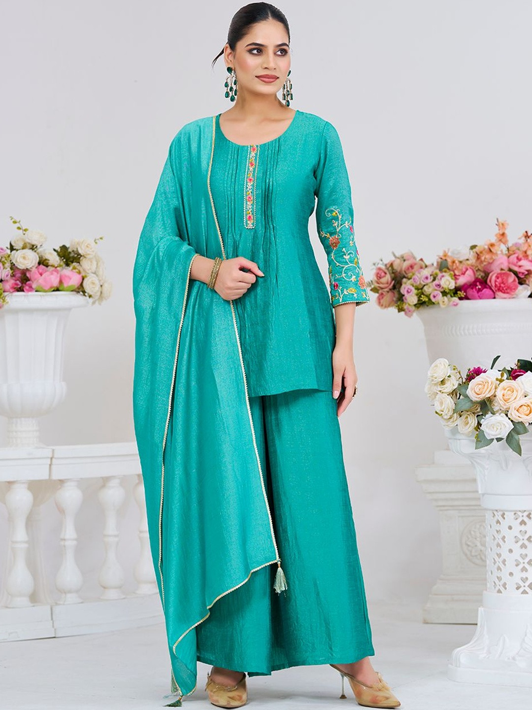 MOKOSH Motifs Embroidered Thread Work Pure Silk Kurta With Palazzos & Dupatta