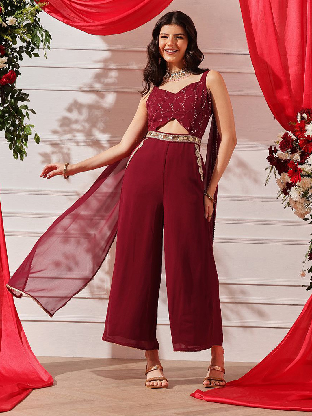 indo street Women Self Design Embroidered Sleeveless Basic Jumpsuit