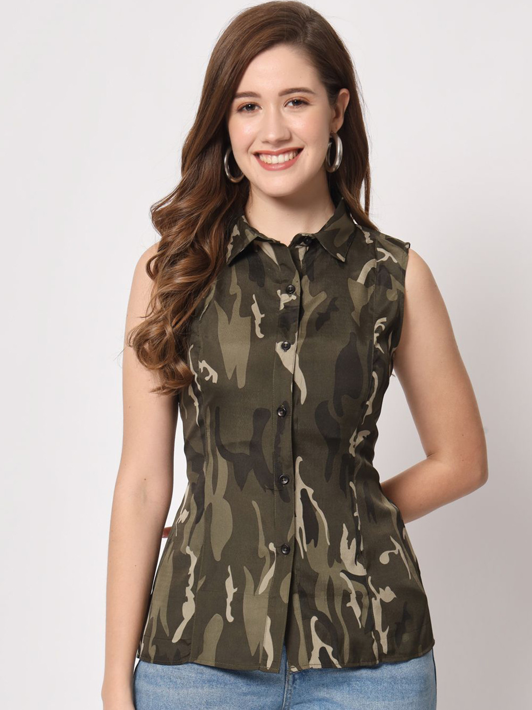 CHARMGAL Camouflage Printed Spread Collar Sleeveless Classic Shirt