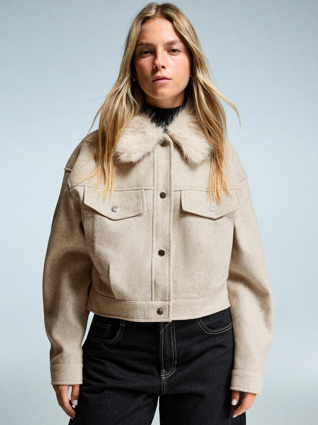 Bershka Women Self design Faux Fur Trim Crop Parka Jacket