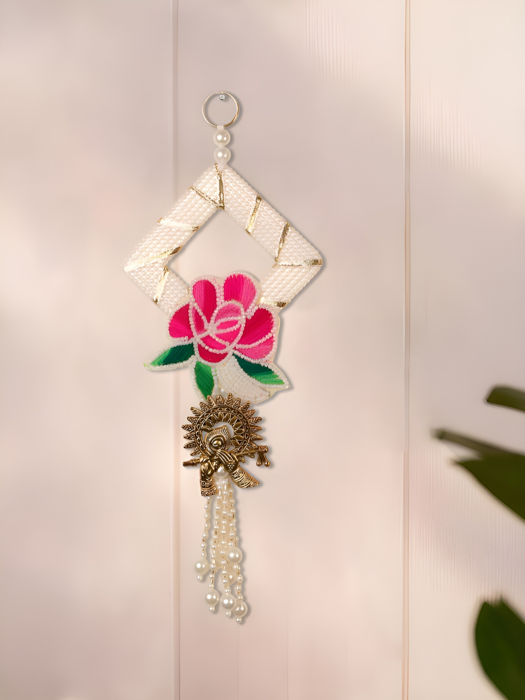Art Street Pink & Beige Lotus With Krishna Motif Windchimes With Pearl Tassels