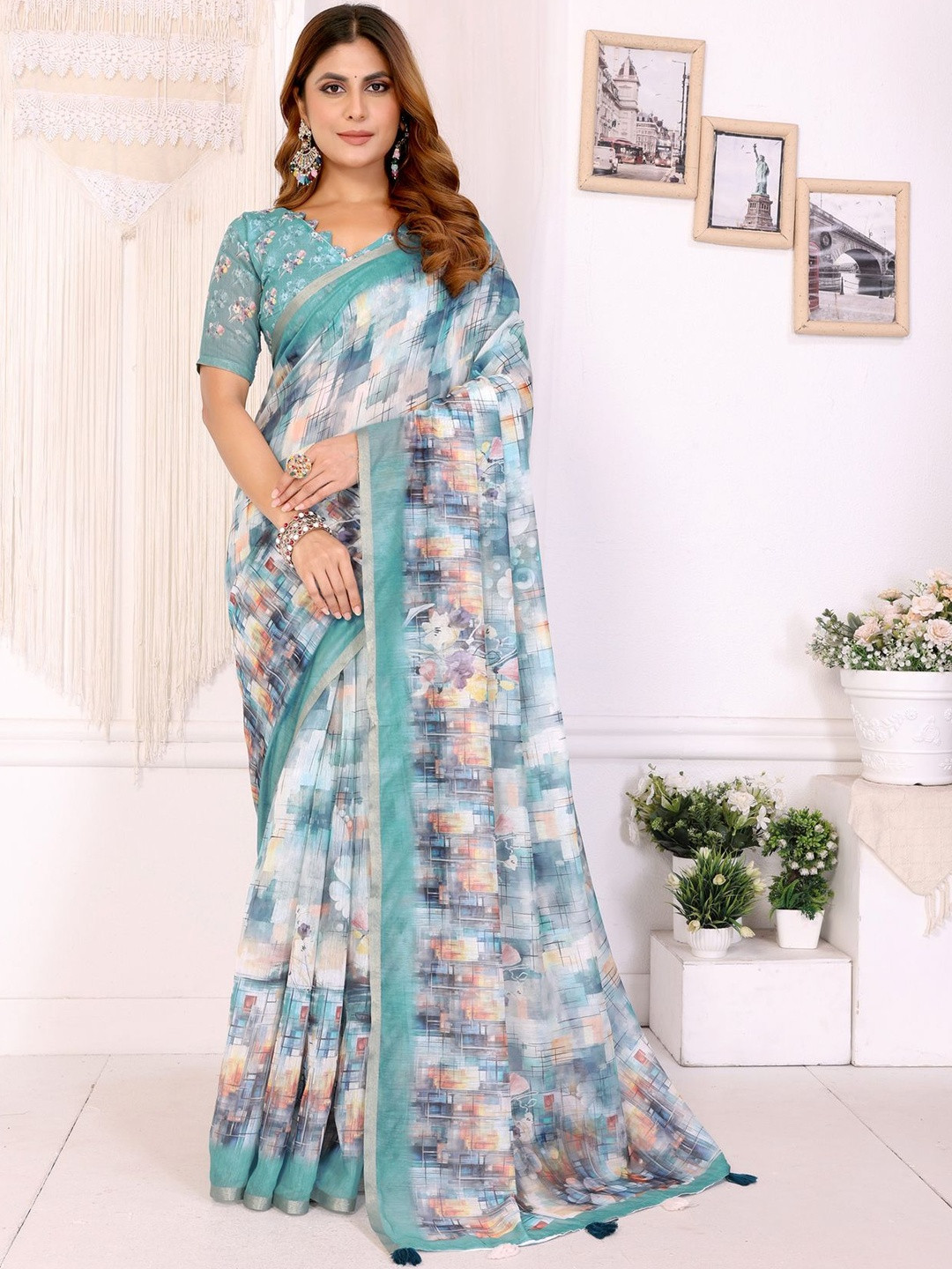 PRISHA FASHION Abstract Printed Pure Cotton Saree With Blouse Piece