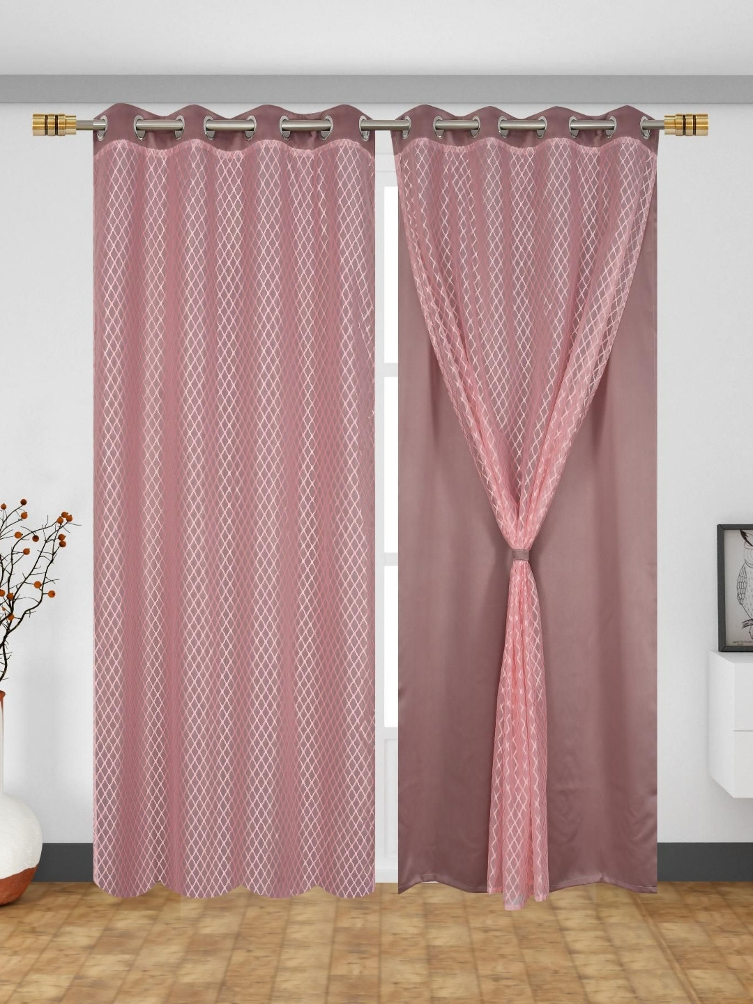 Aura Pink 2 Pieces Geometric Black Out Silk Long Door Curtains