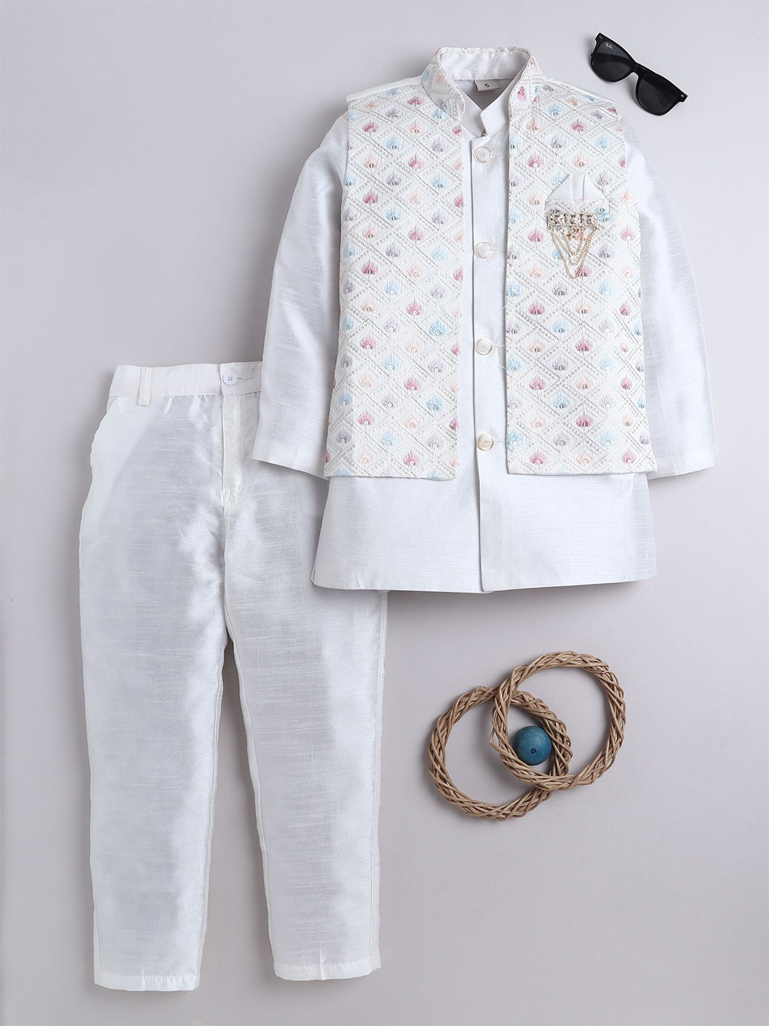 BT DEZINES Boys Geometric Sequined Leaf Motif Embroidered Sherwani Set