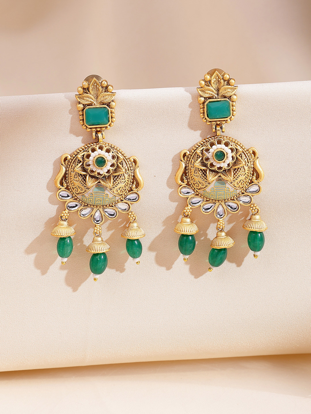 ADIVA 22K Gold-plated Kundan Stone & Glossy Green Pearl Meenakari Designer Drop Earrings