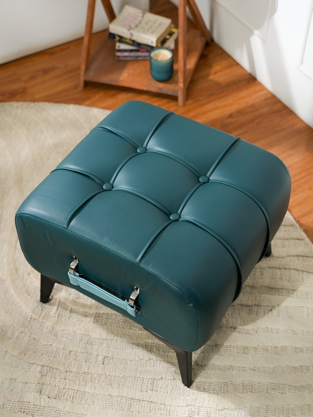 THREADVIBE LIVING Blue Self-Designed Tufted Ottoman With Handle