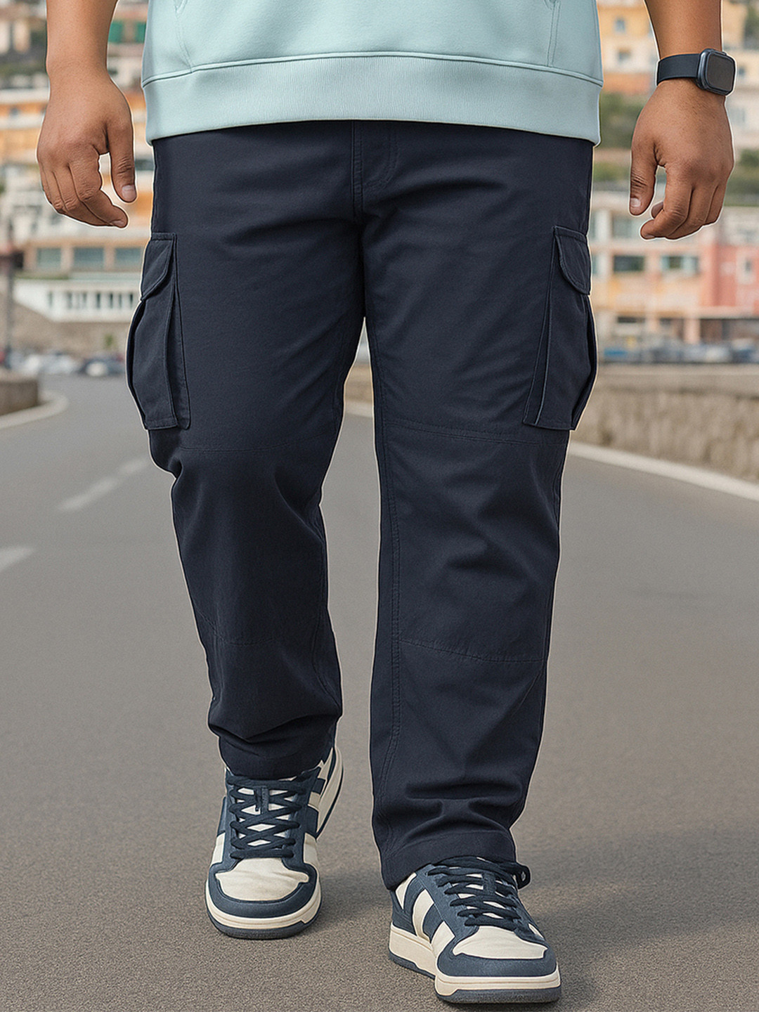 Bewakoof Men's Navy Blue Plus Size Nylon Cargo Parachute Pants