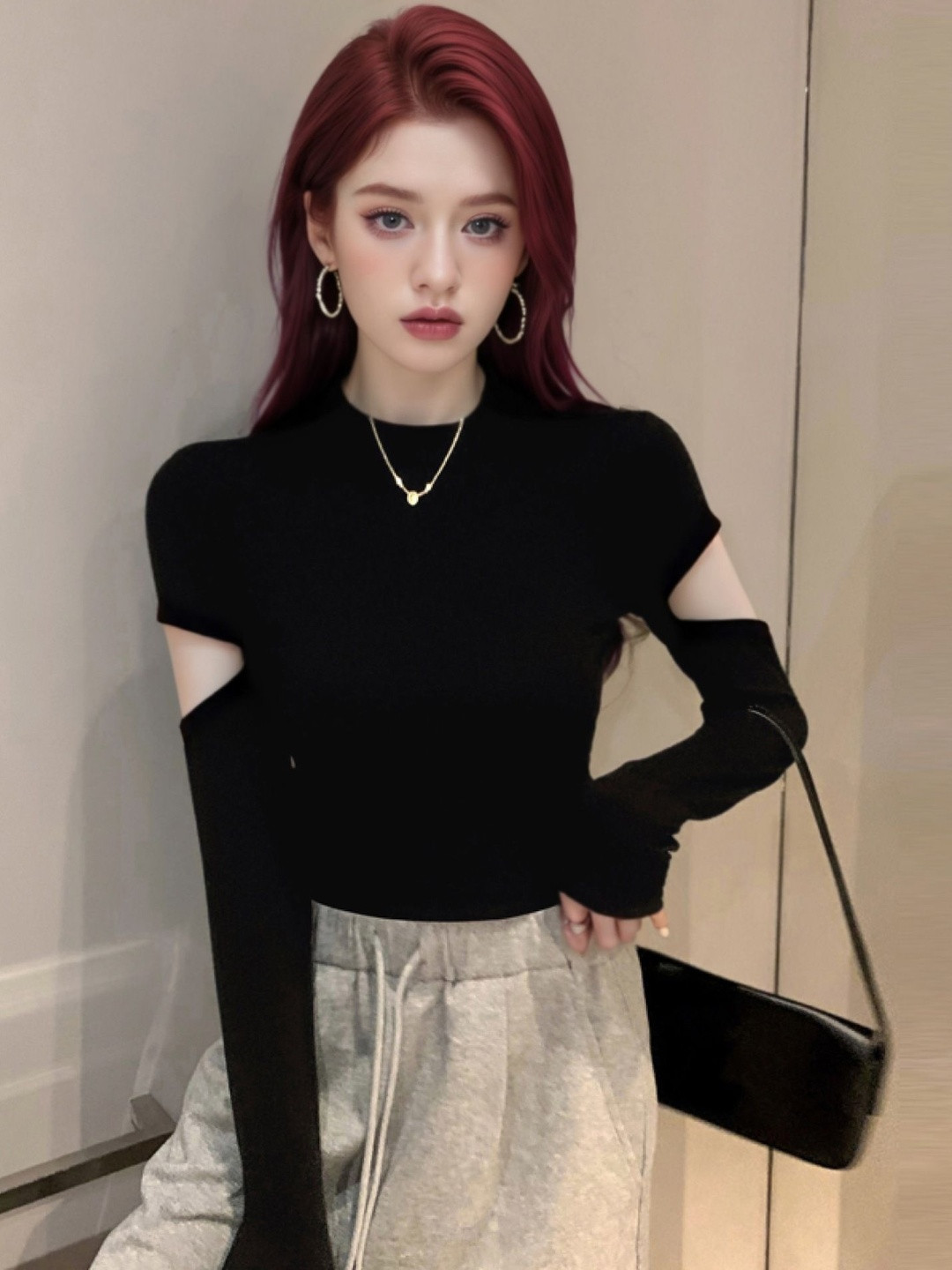 StyleCast x Revolte Women High Neck Cut Out Extended Sleeves Velvet Fitted Top