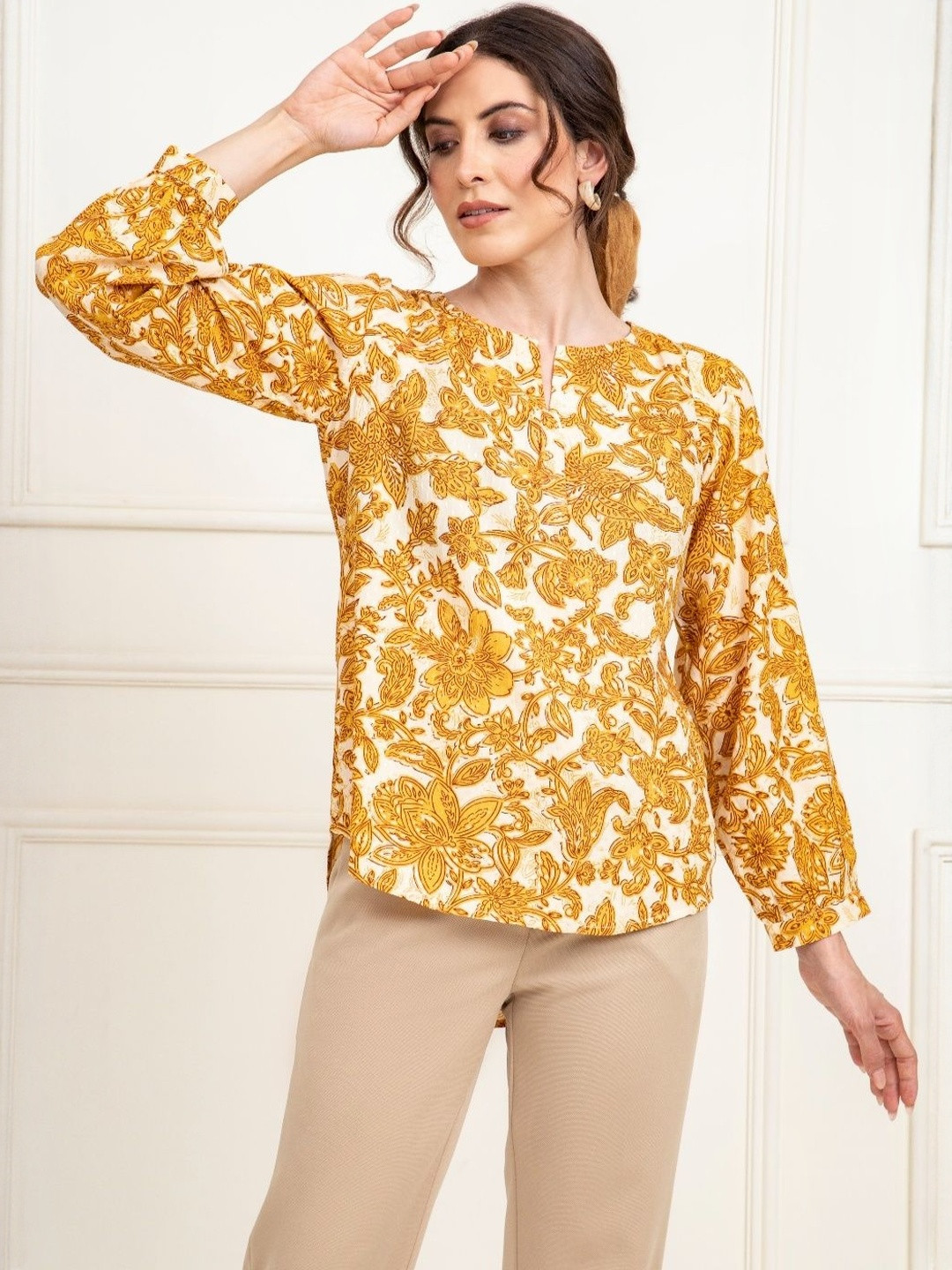 SANAITA CREATIONS Women Floral Printed Puff Puff Sleeves Cotton Boho Top