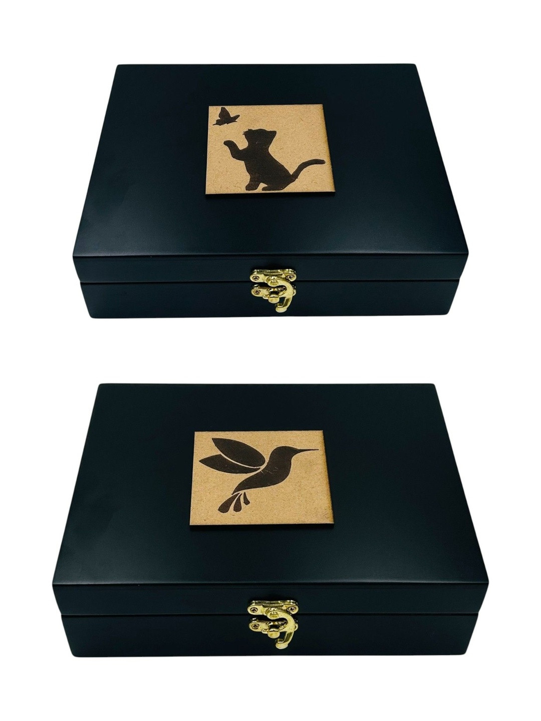 Angira handicrafts Set Of 2 Black Wooden Multipurpose Jewellery box with Velvet Interior