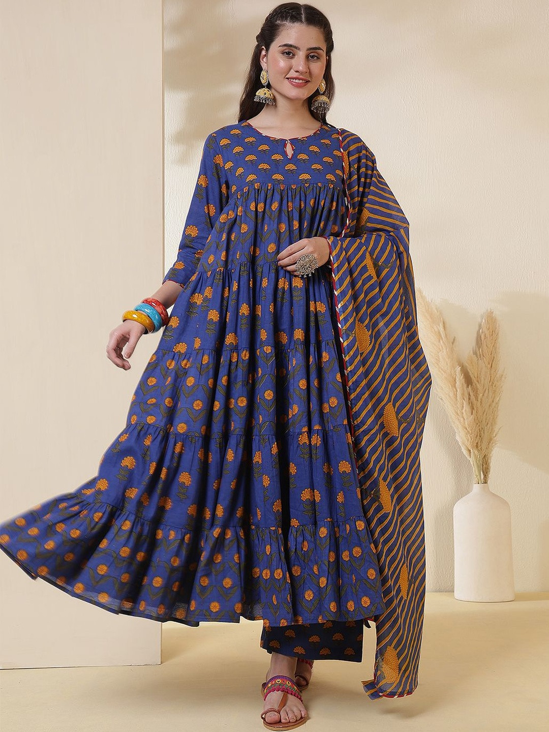 Anouk Mirage  Floral Printed Keyhole Neck Tiered A-Line Pure Cotton Kurta With Trousers & Dupatta