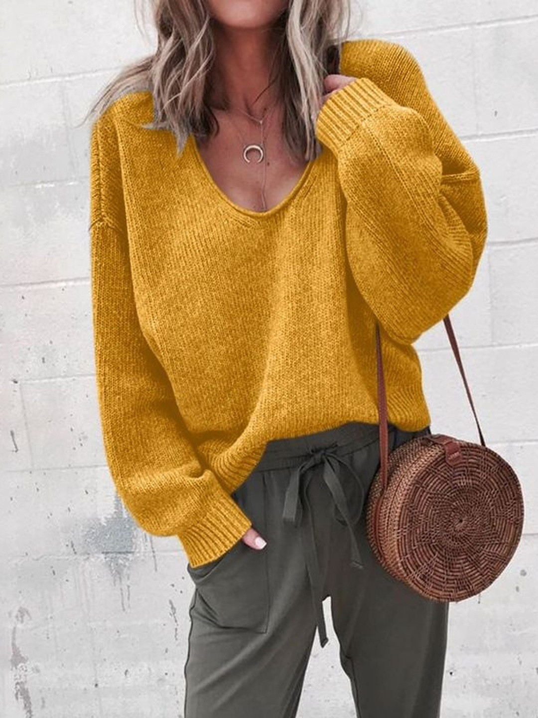 HERE&NOW Women Yellow Acrylic Solid Loose Fit Sweaters