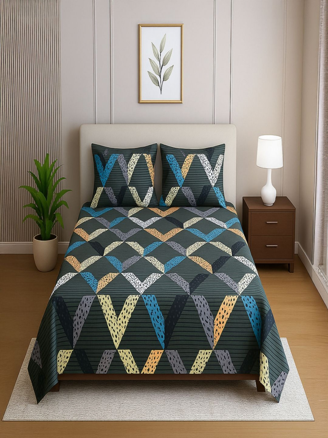 Threadwear Grey & Blue Printed 210 TC Single Bedsheet - 2.30 m x 1.55 m