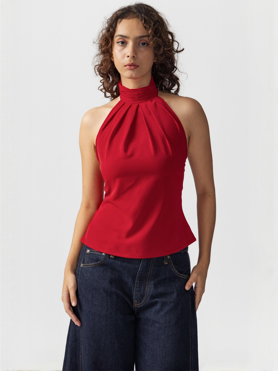 Past Modern Women Halter Neck Gathered or Pleated Crepe Top