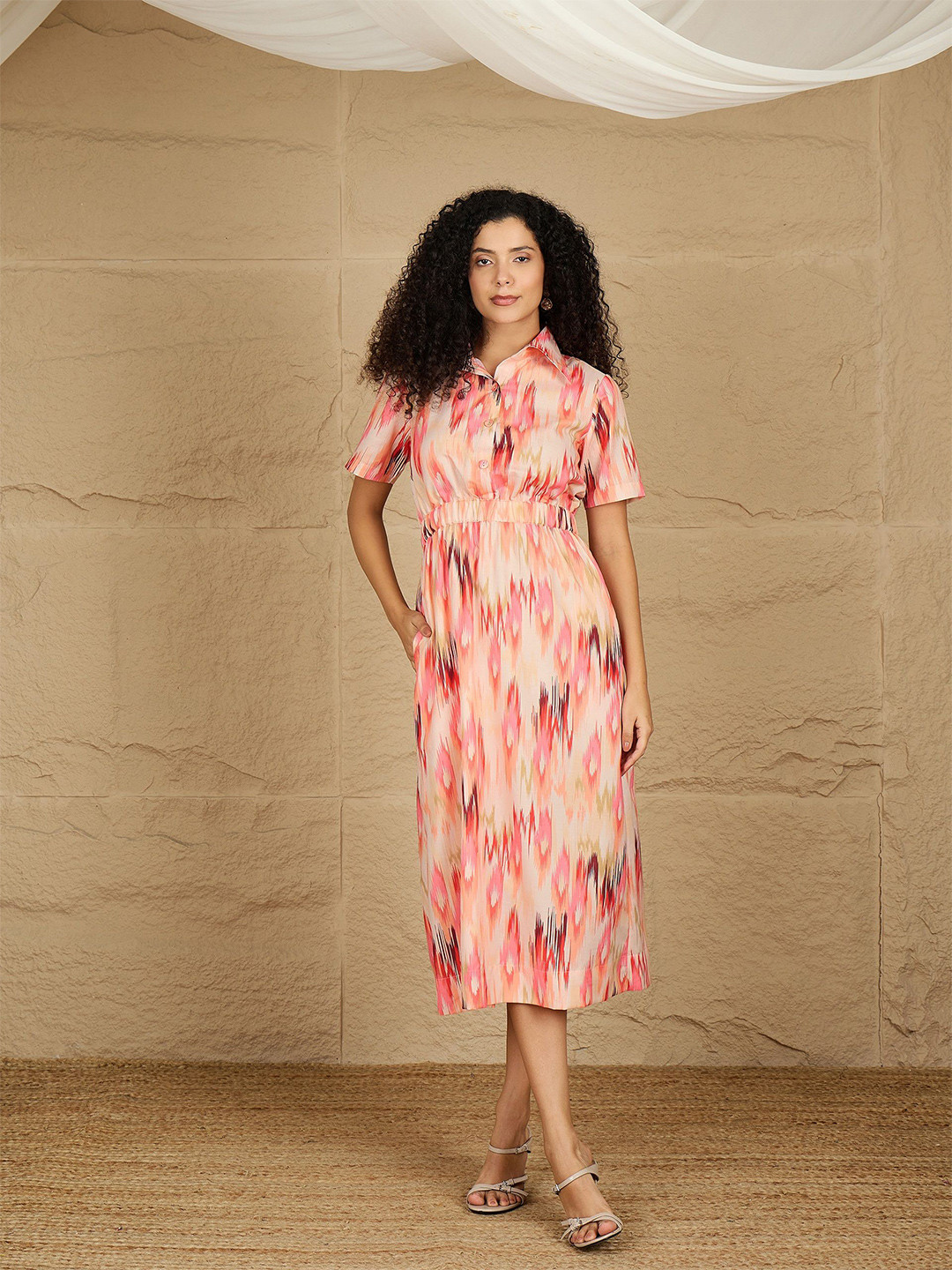 IVY BY KIBO Women Abstarct Printed Shirt Collar Fit & Flare Midi Dress