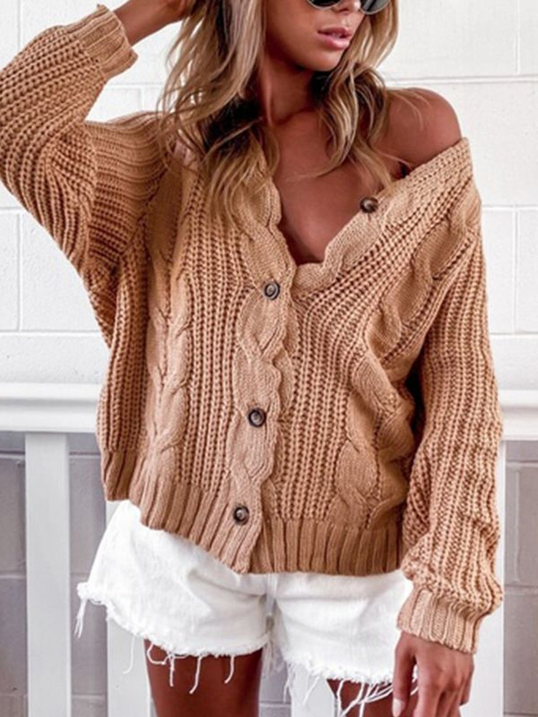 HERE&NOW Women Self Design Open Knit Beige Cardigan
