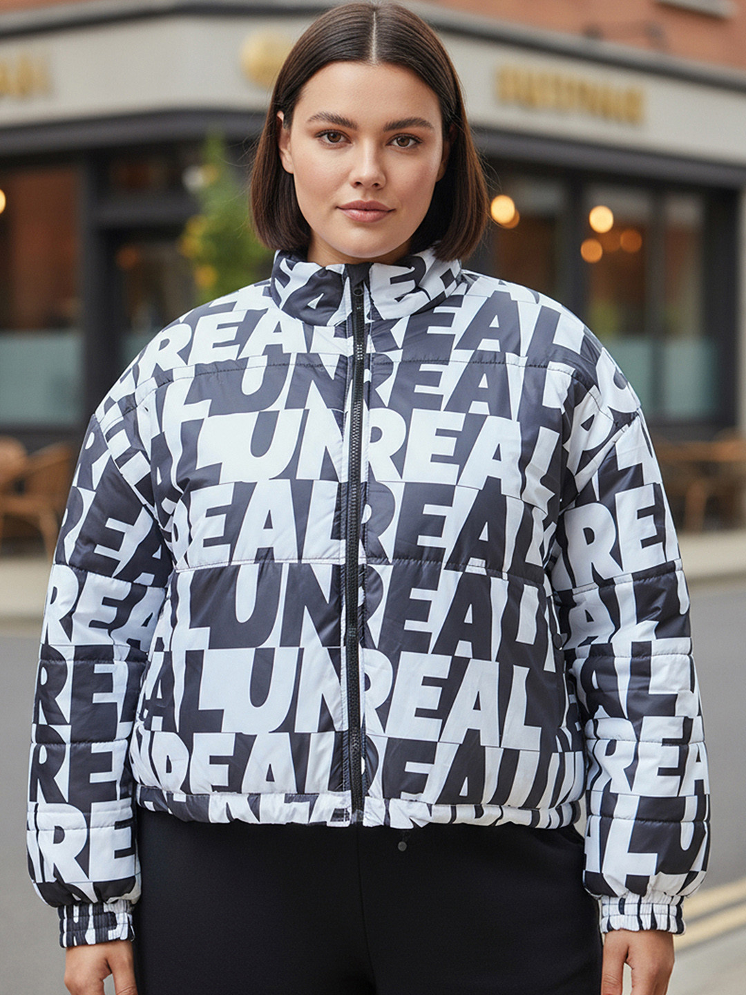 Bewakoof Plus Typography Printed Stand Collar Oversized Puffer Jacket