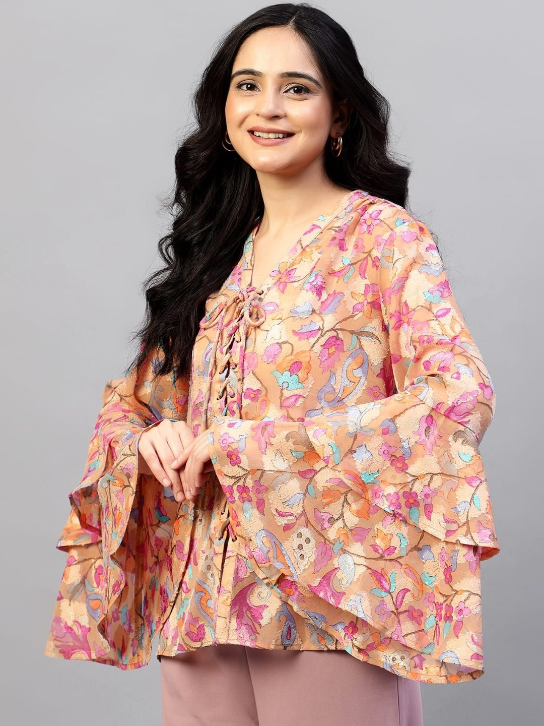 BLEVY Women Floral Printed Tie Up Neck Flared Sleeve Top