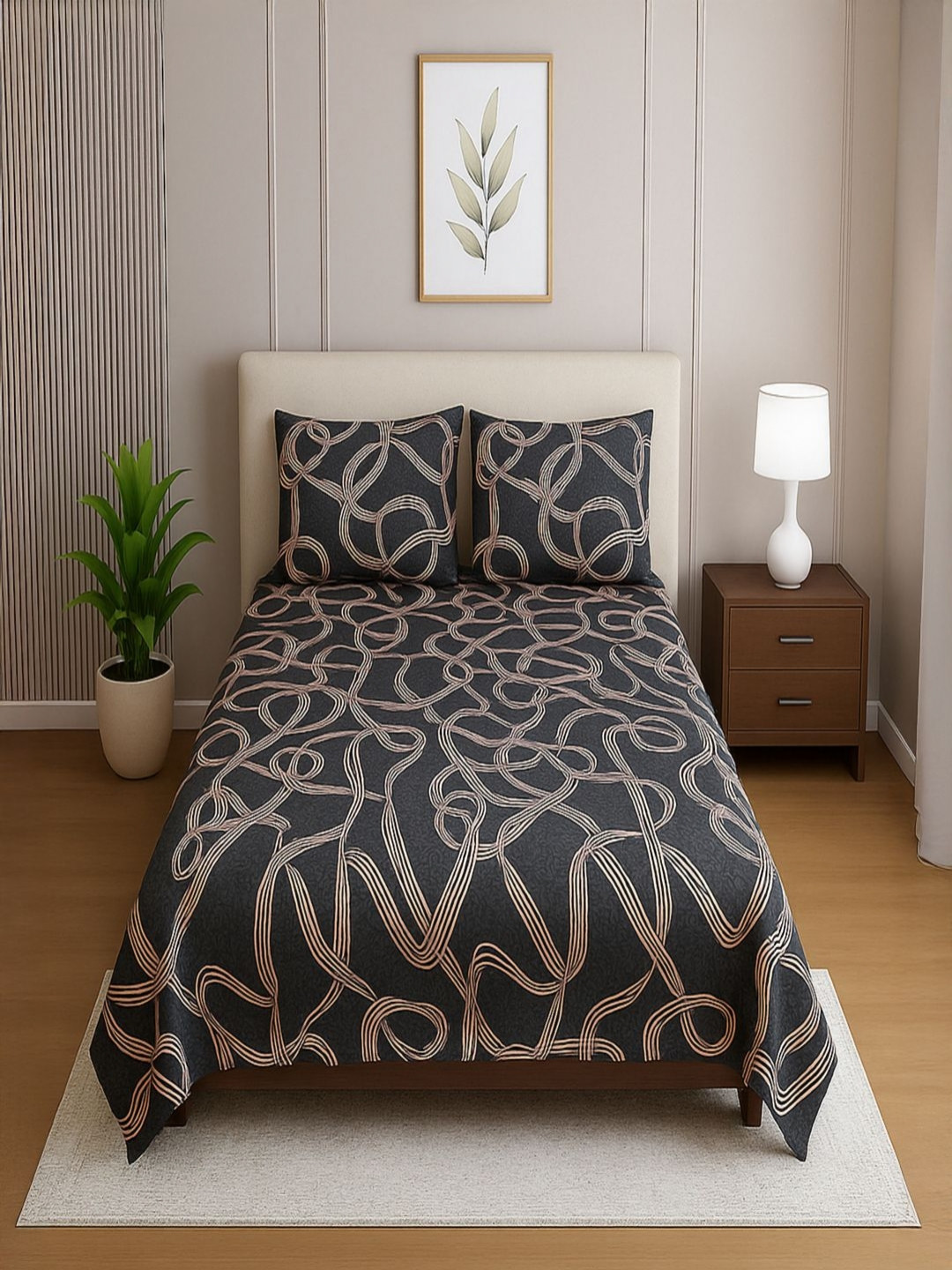 Threadwear Grey & Brown Printed 210 TC Single Bedsheet - 2.30 m x 1.55 m