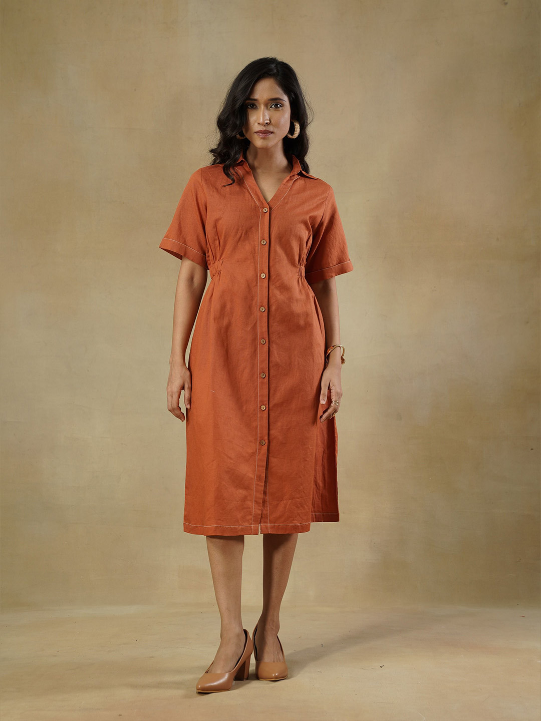 SAKU Women Gathered Shirt Collar Waisted Shirt Midi Dress