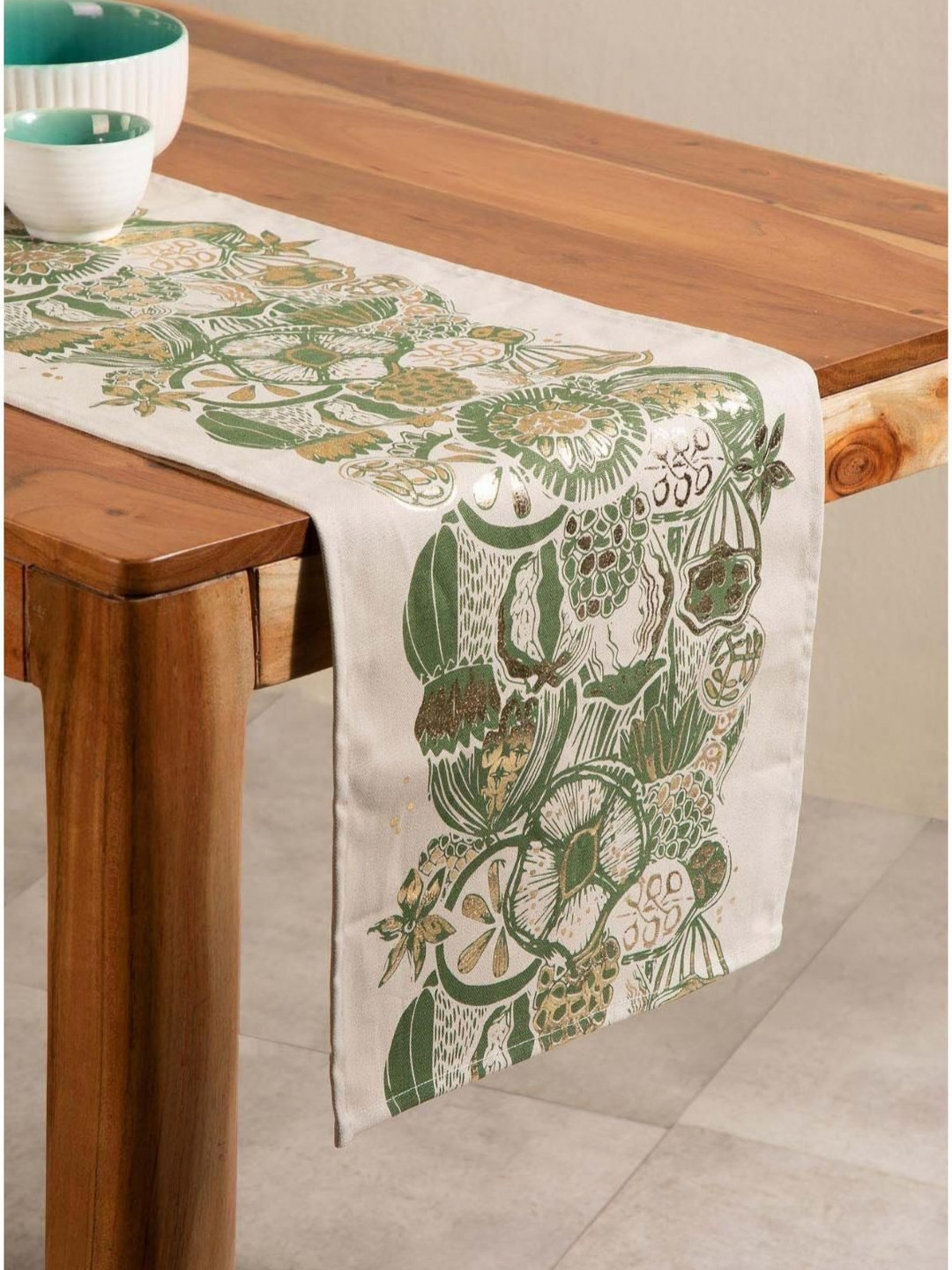 FREEDOM TREE Koza Foil Gold Toned & Green Printed Cotton Table Runner