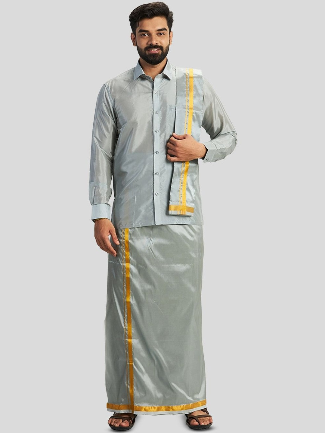 UATHAYAM Men Vriksham Shirt and Double Layered Dhoti with Towel Co-Ords
