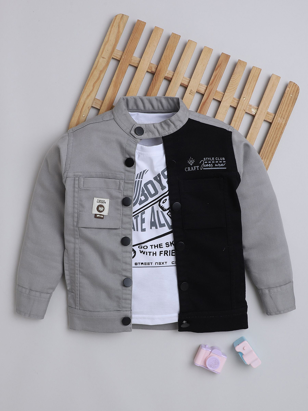 Ministitch Boys Colorblocked Mandarin Collar Lightweight Denim Jacket With T-shirt