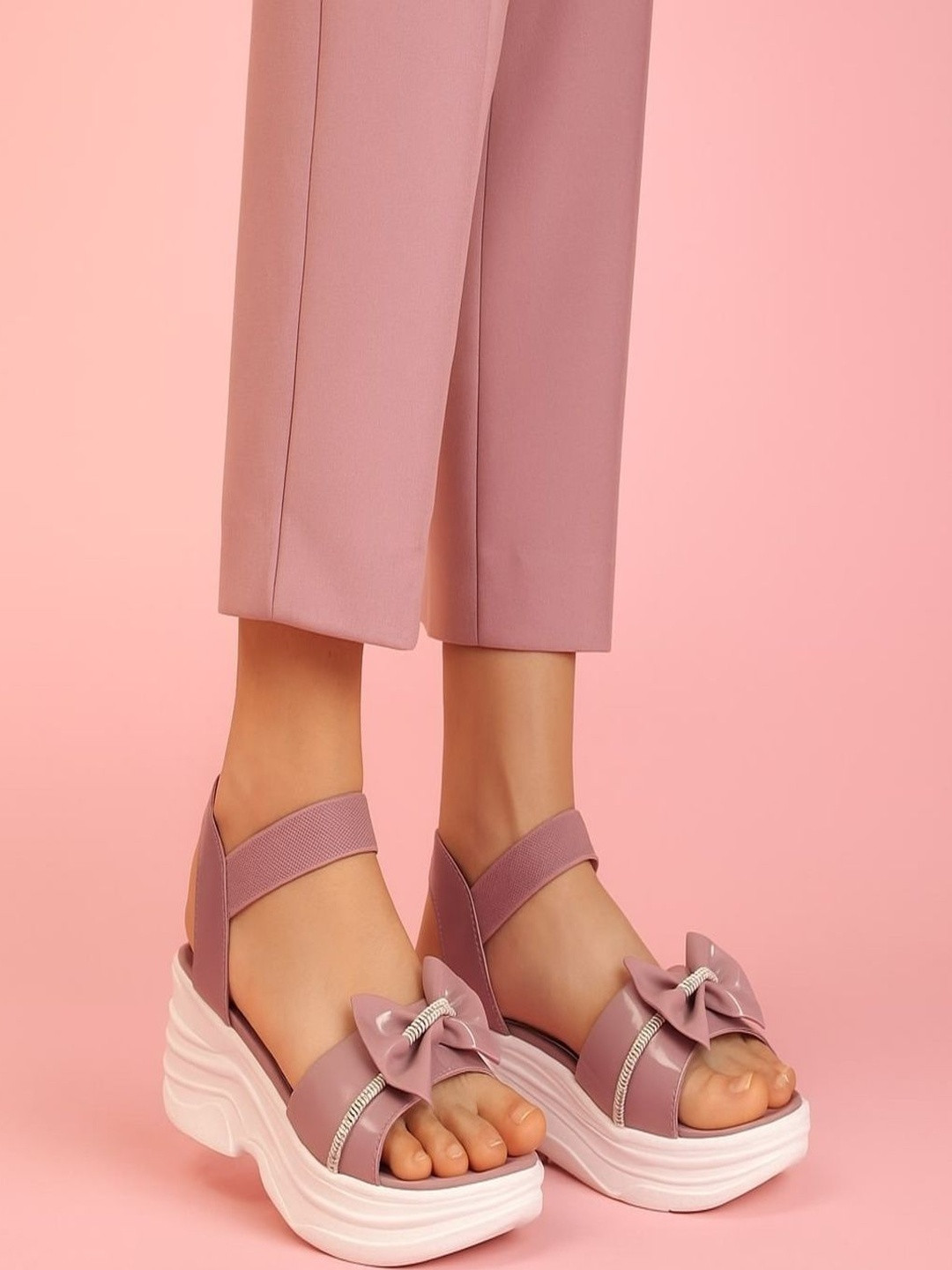 CST Lifestyle Women Pink & White Bow Embellished Synthetic Wedge Heels