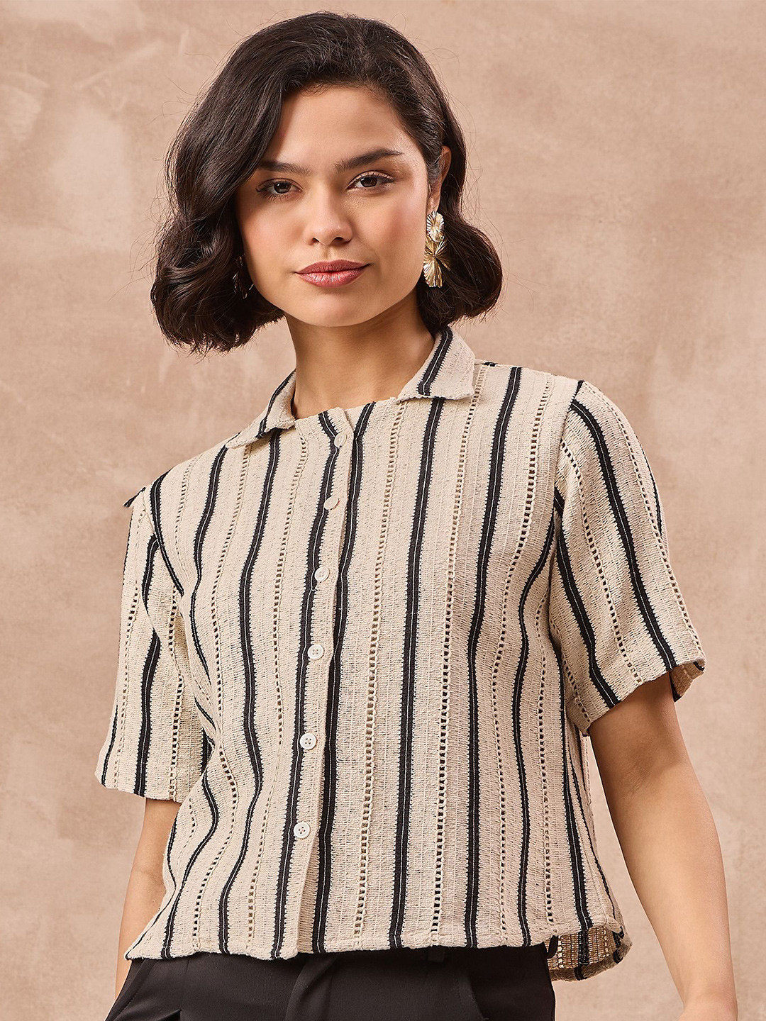 Dot Shine Women Classic Fit Vertical Striped Spread Collar Cotton Casual Shirt