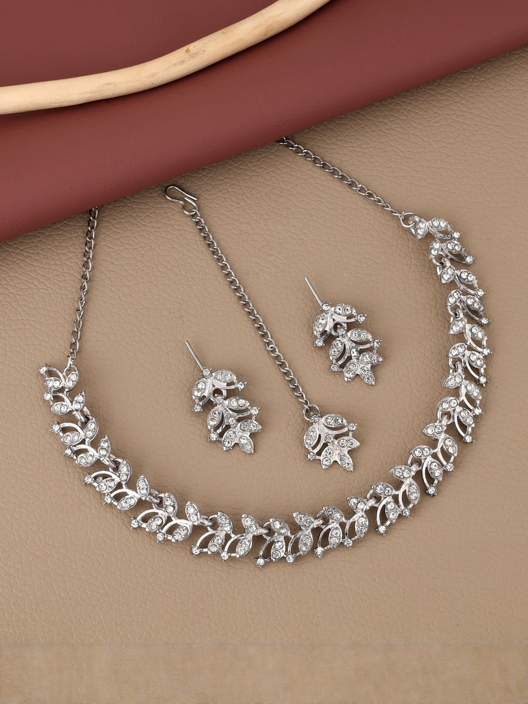 JEVIA FASHION Silver-Plated American Diamond Studded Necklace With Earrings And Mangtikka