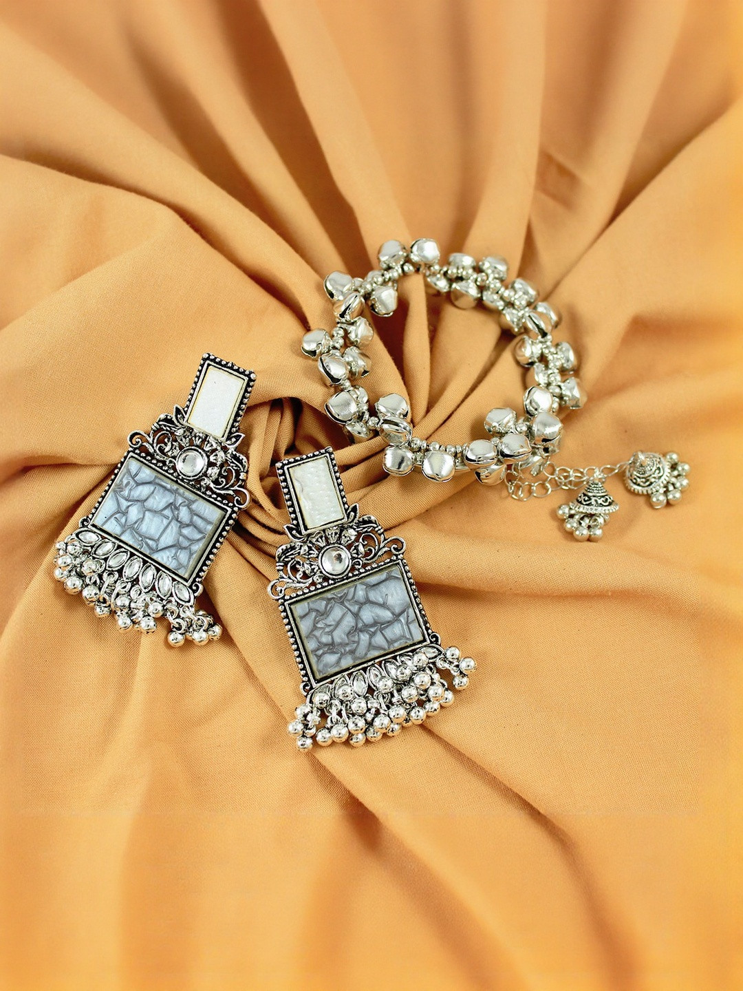 JFL - JEWELLERY FOR LESS Women Grey & Silver-Plated Kundan Stud Brass Bracelet & Earrings