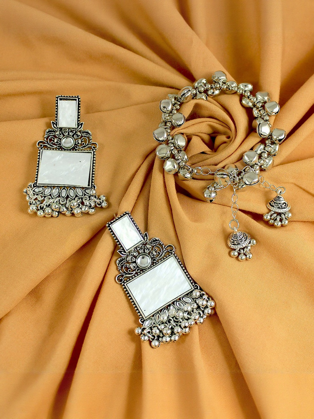JFL - JEWELLERY FOR LESS Women Oxidised Kundan Studded Earrings With Bracelet