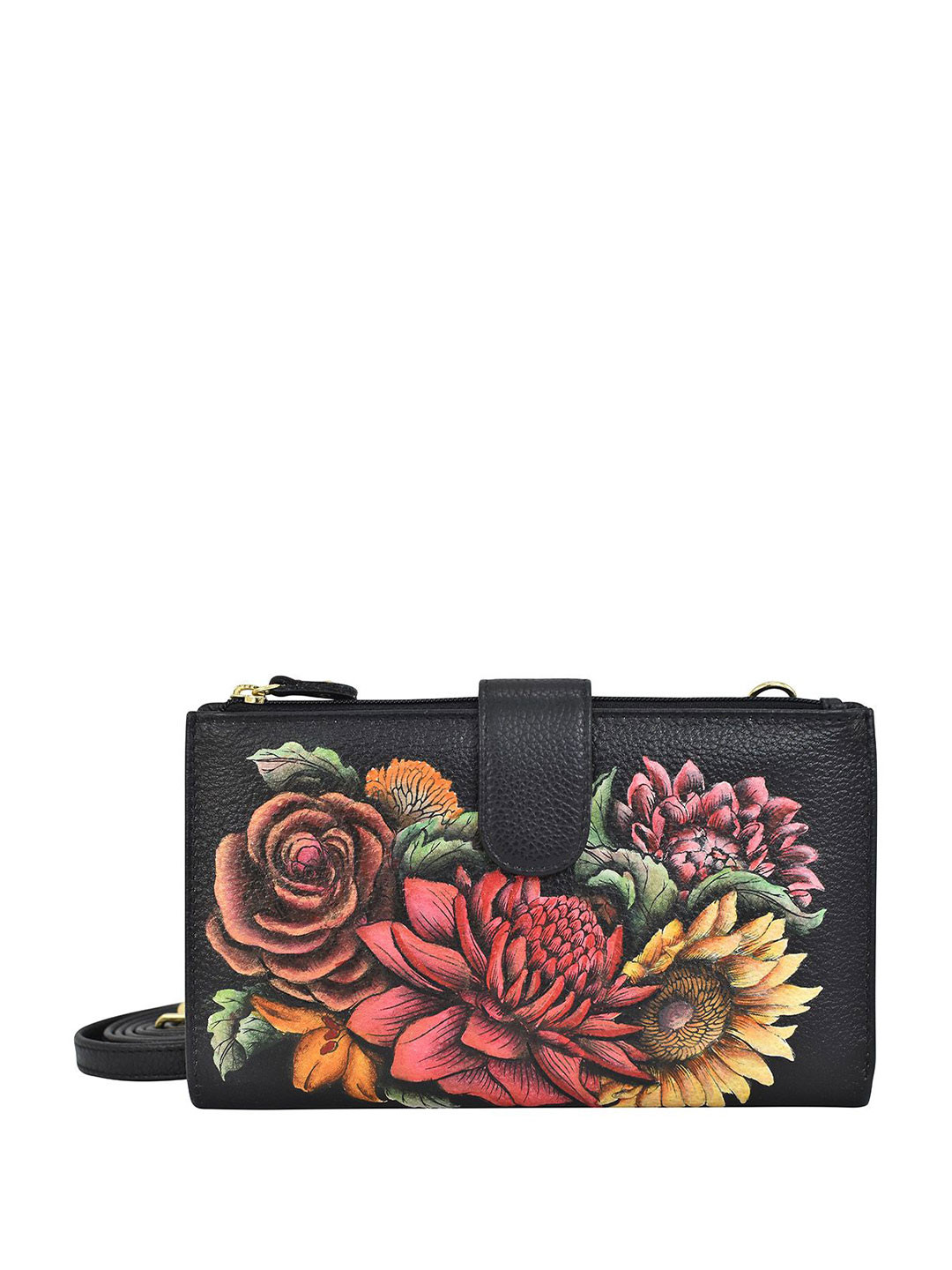 Anuschka Women Flaming Blooms Handpainted Leather Two Fold Wallet with Phone Case