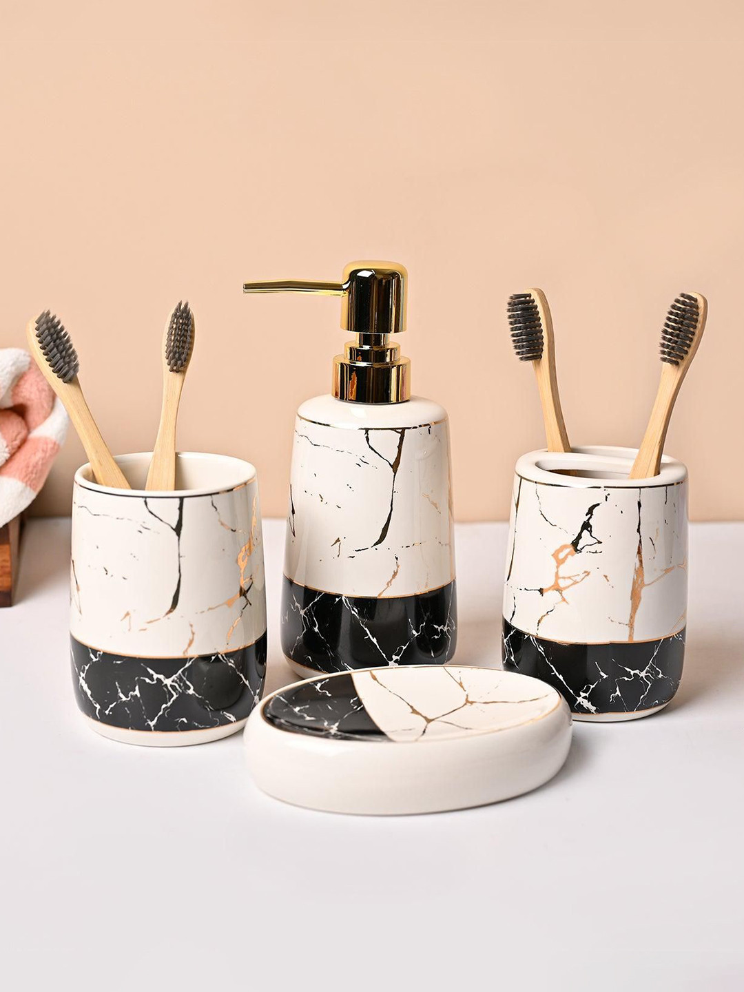 MARKET99 White & Black 4 Pieces Marble Finish Ceramic Shower Holders