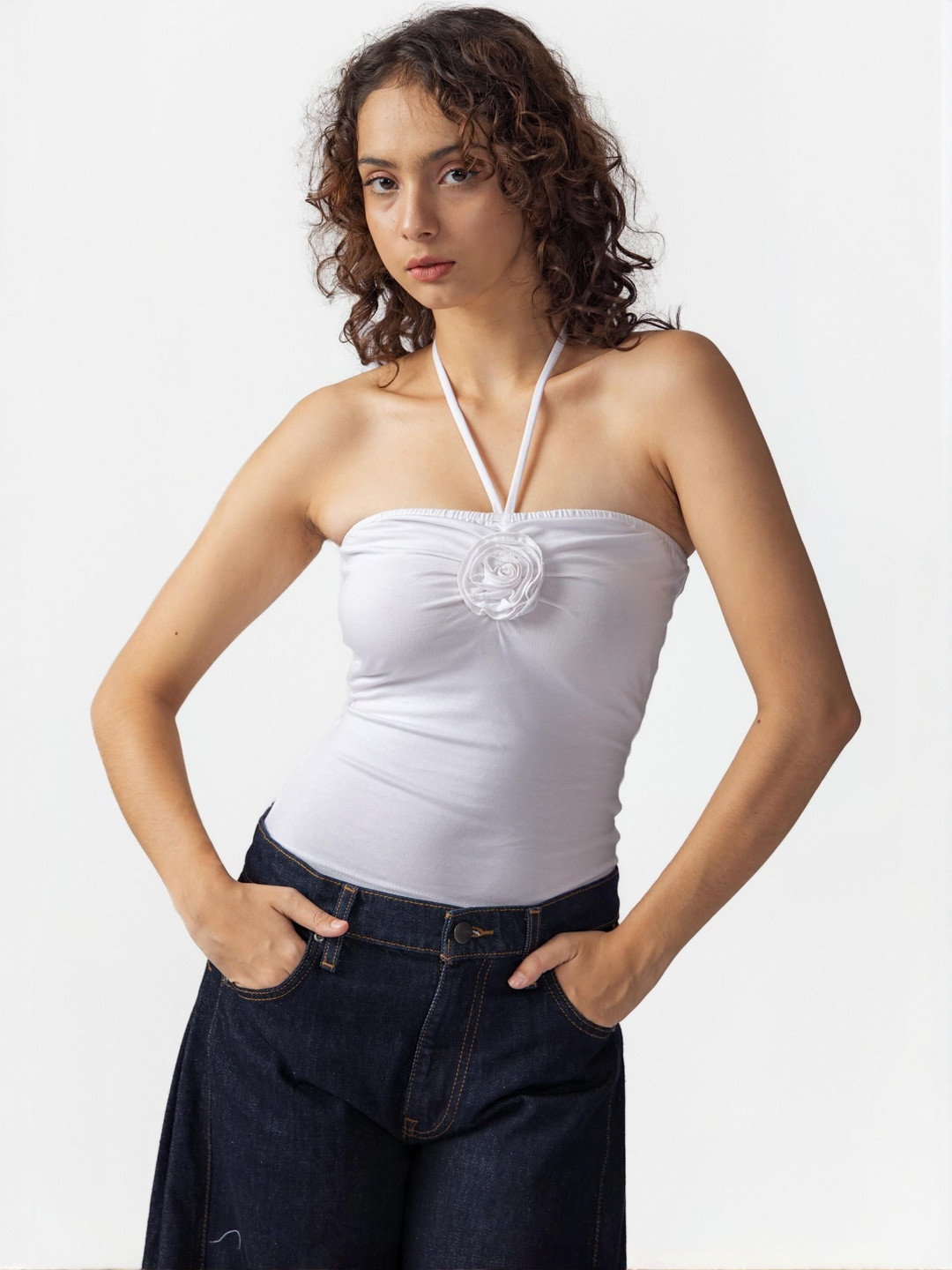 Past Modern Women Halter Neck Corsage Cotton Fitted Top