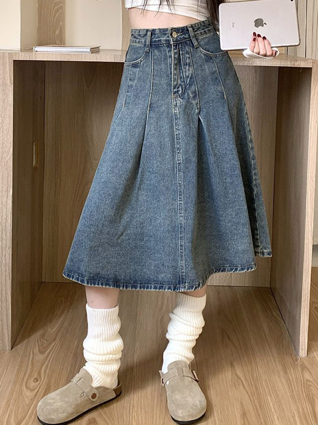 StyleCast x Revolte Women Solid Flared Frayed Denim Midi Skirts