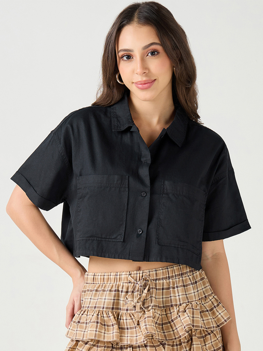 Bewakoof Black Drop-Shoulder Sleeves Cotton Oversized Crop Casual Shirt