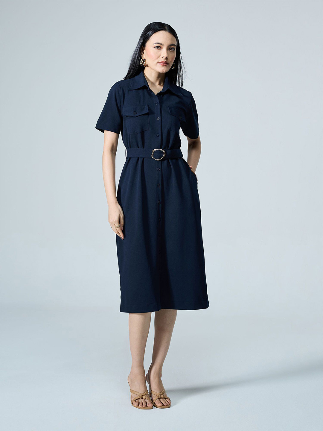 20Dresses Women Shirt Collar Midi Dress With Belt