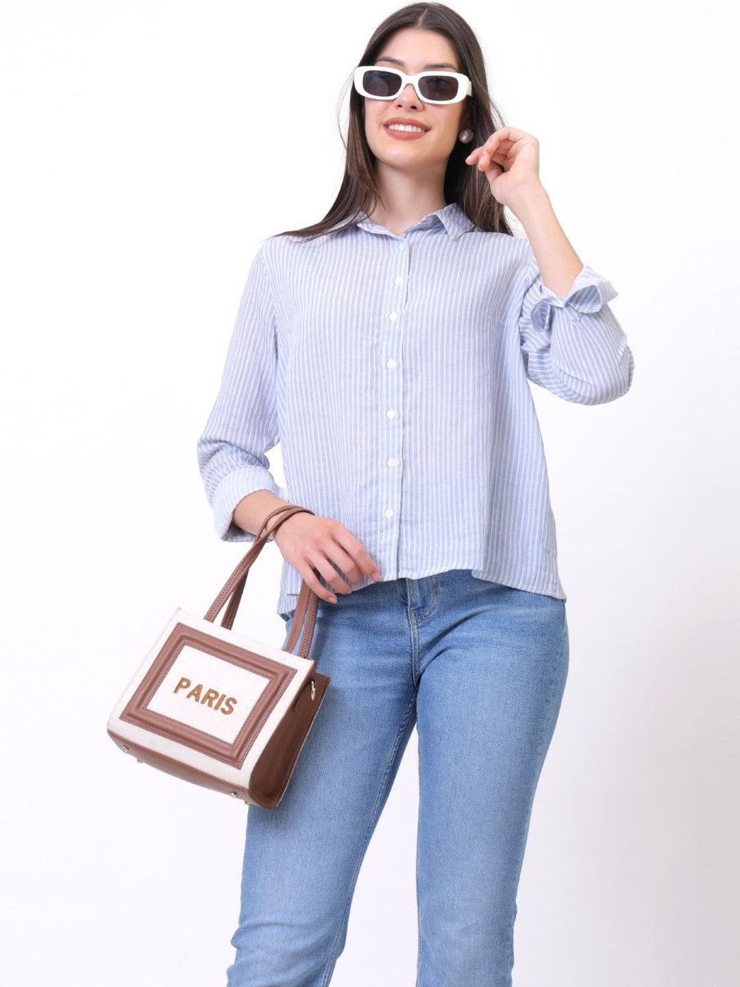 Sold For Style Women Striped Shirt Collar Cotton Top