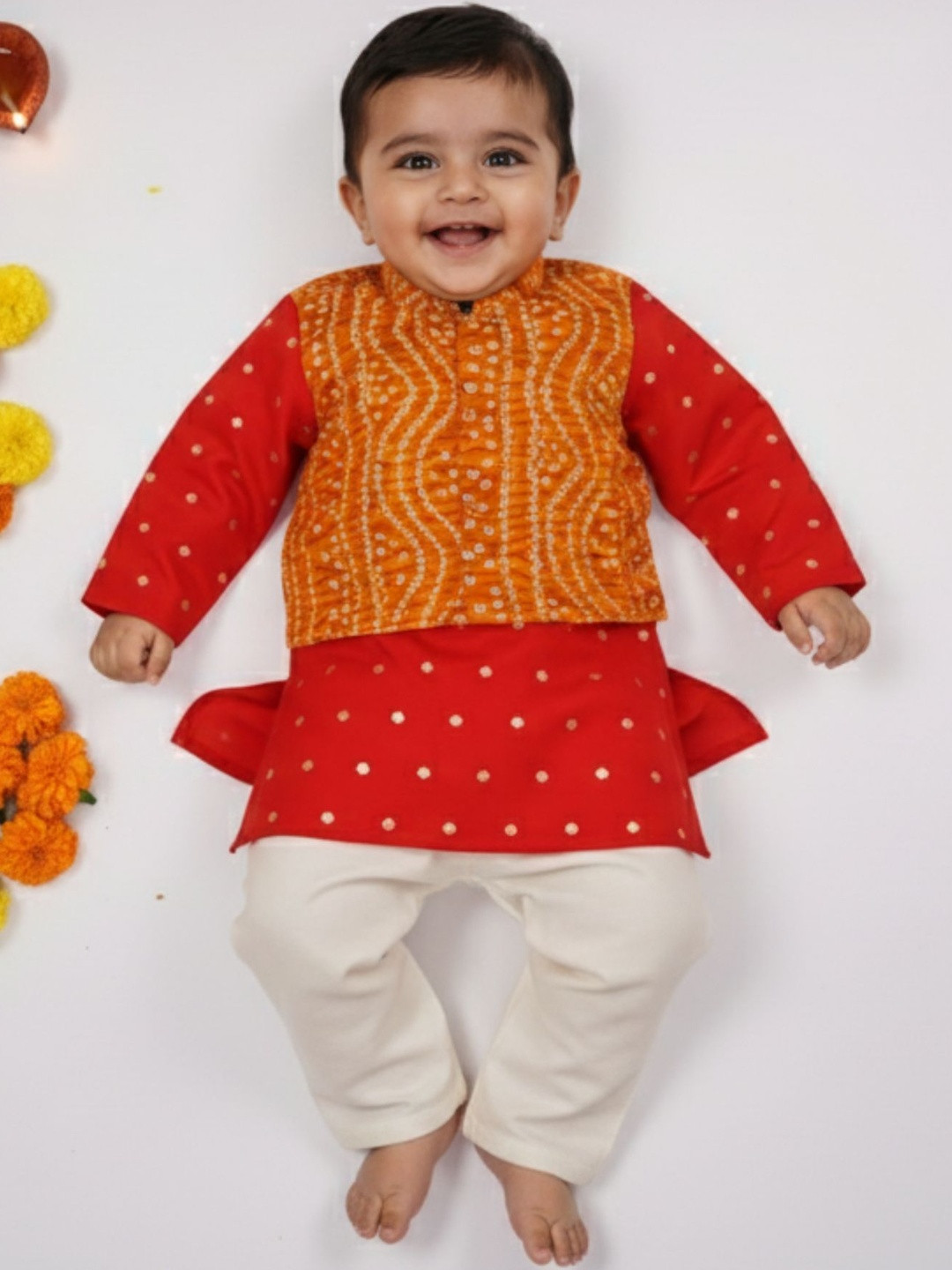 Sangria Boys Printed Silk Blend Kurta & Pyjama  with Orange Bandhani Print Jacket