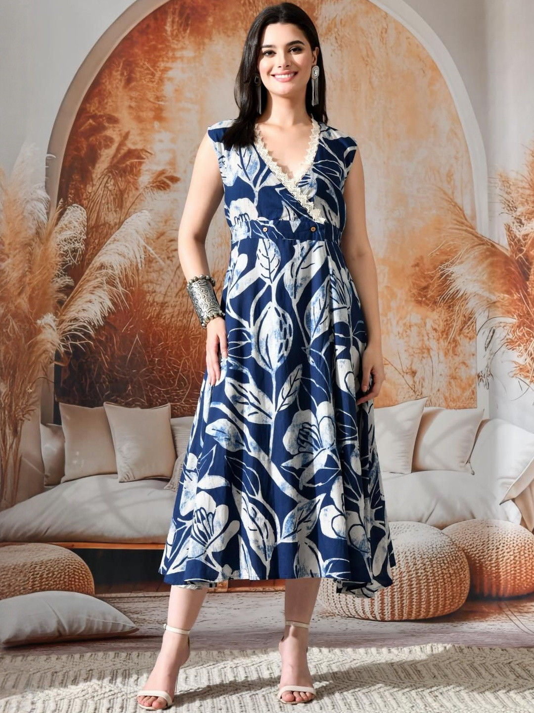 Sangria Floral Print Ruffled Fit & Flare Midi Dress