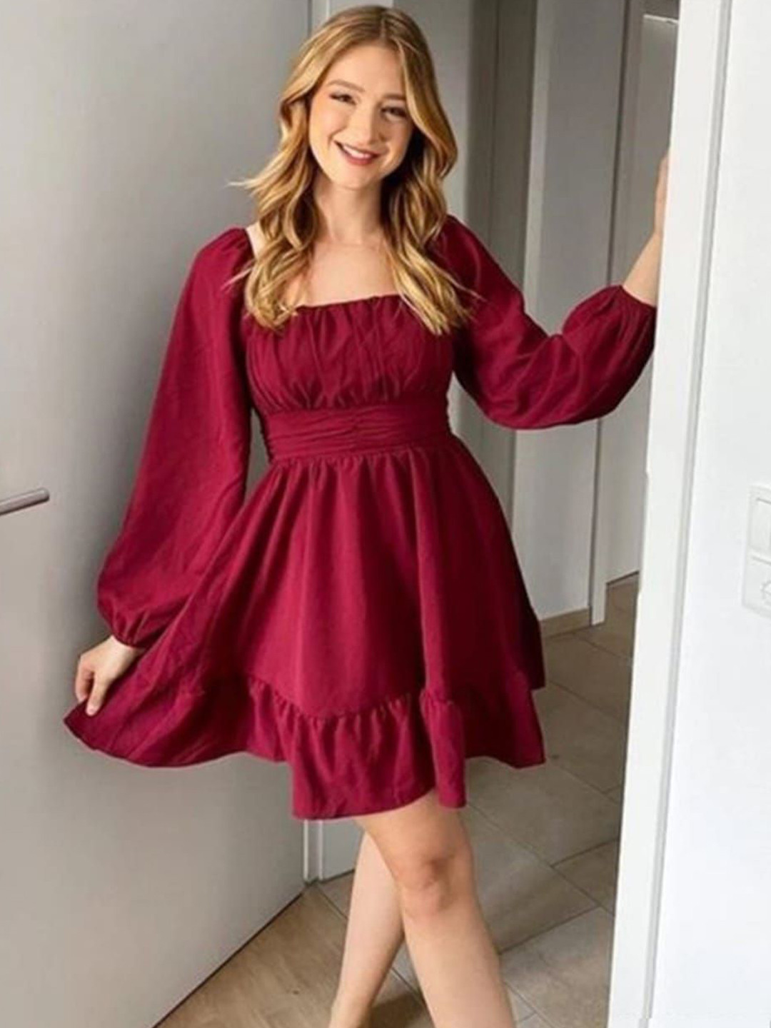 DENIMISIA Women Solid Bow Tiered Fit & Flare Dress
