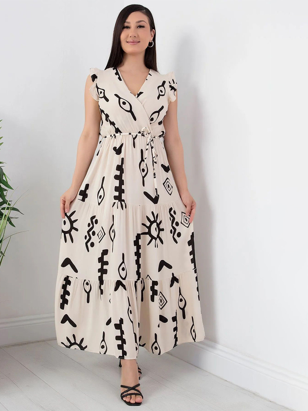 PIMU Women Abstract Print Flutter Sleeve Maxi Dress
