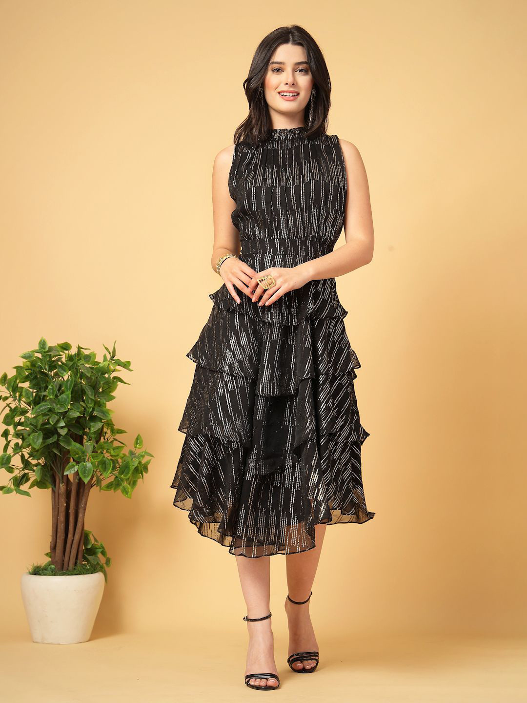 Nomad Lifestyle Embellished Ruffled A-Line Midi Dress