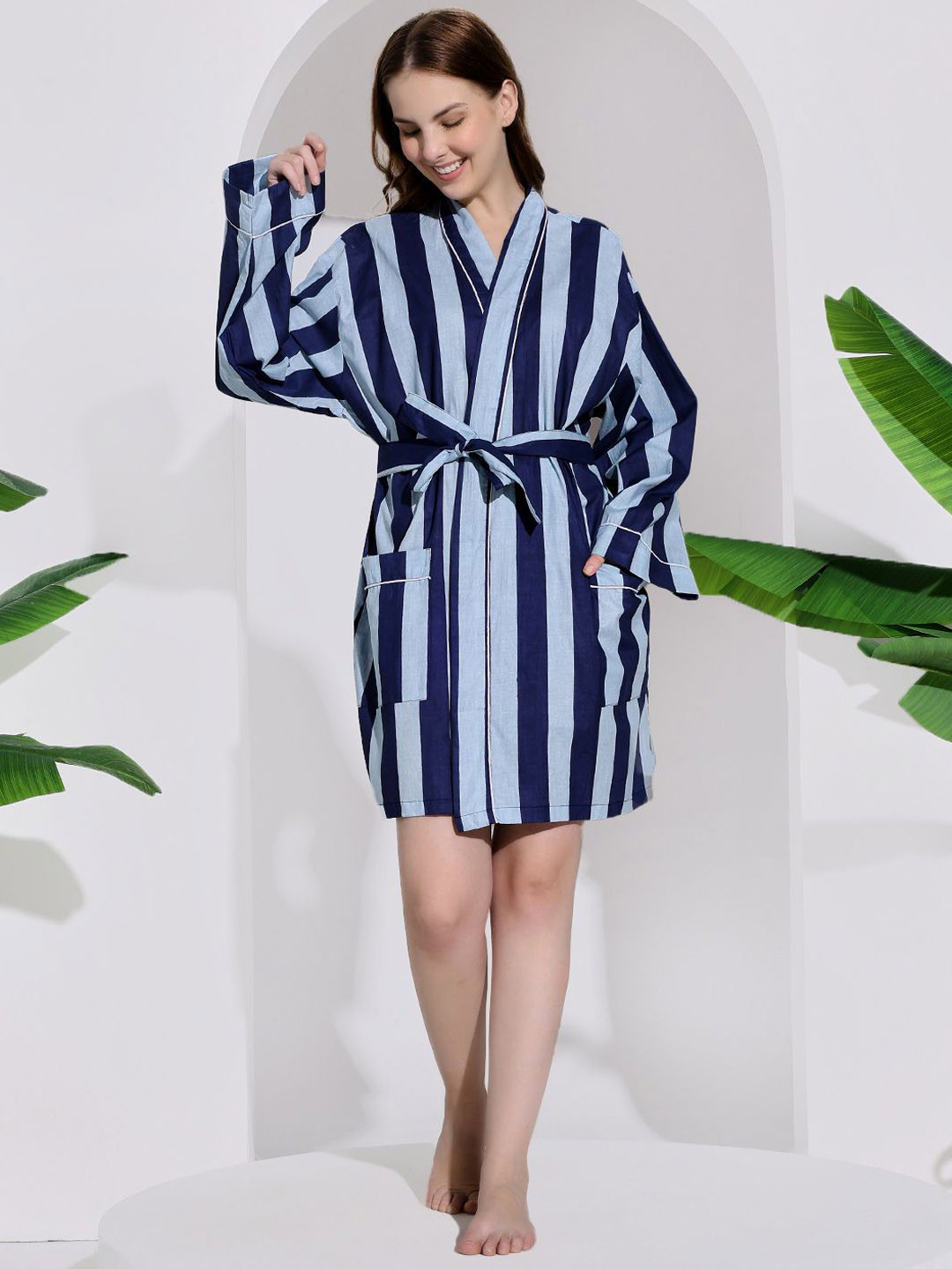 HANDICRAFT PALACE Striped V-Neck Pure Cotton Bath Robe